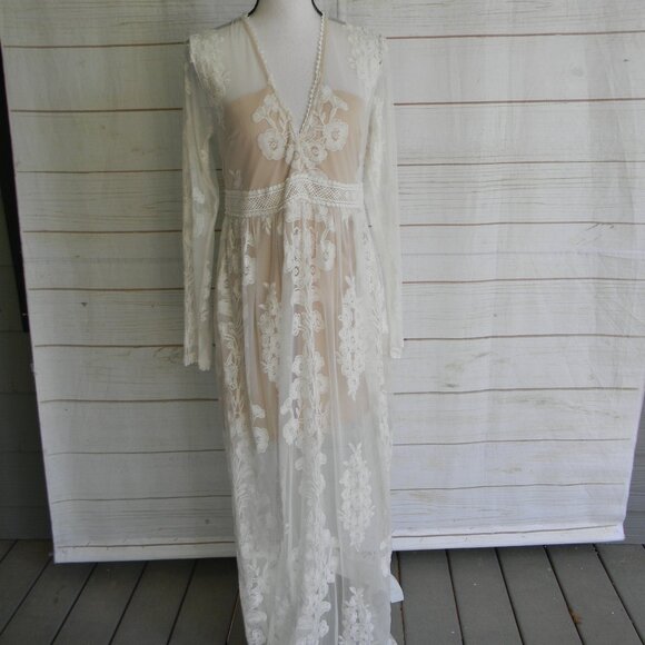 Alter'd State NORRIE IVORY MESH FLORAL LACE LONG SLEEVE WEDDING Maxi Dress Sz L - Picture 1 of 6